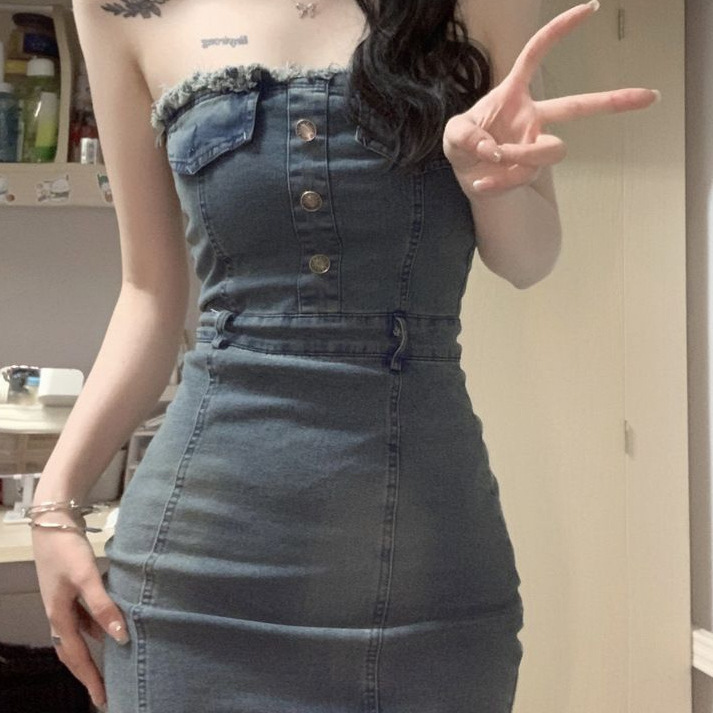 루즈 데님 원피스 여성 봄 달콤한 쿨 스타일 레트로 슬림 핏 스트랩리스 스커트 프라이드 스트리트 힙합 스커트 오프 숄더