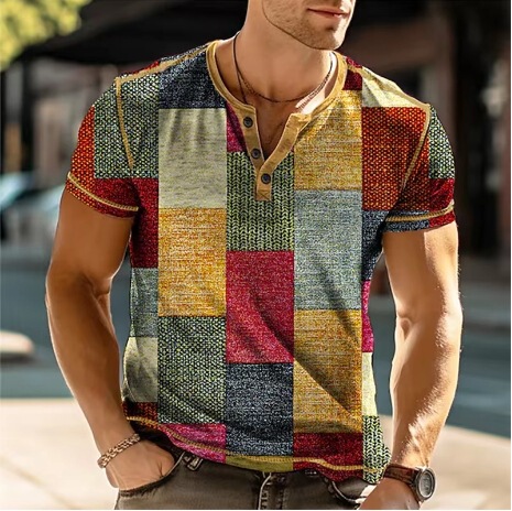2025 cross-border foreign trade men's new short-sleeved T-shirt 3D digital printing 3-button placket fashion casual men's clothing