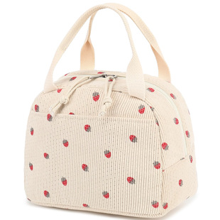 Cross-Border Hot-Selling Corduroy Strawberry Lunch Bag for Women Large-Capacity Portable Insulated Bag for Business Trip Spring Outing Picnic Ice Bag