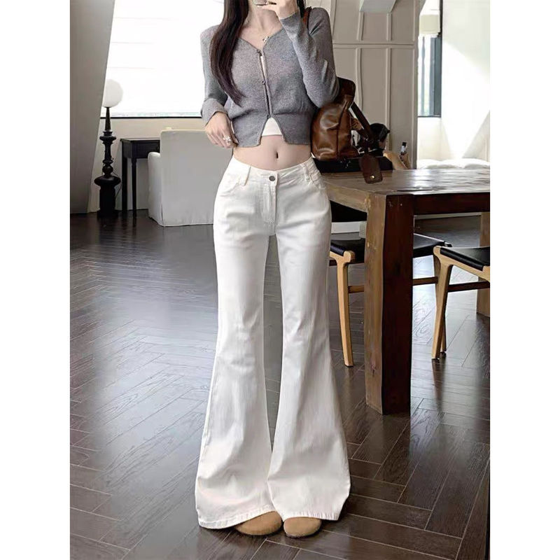 Tall White Low-waisted Sizeback Jeans Women's New Spring and Autumn American-style Slim-fit Slimming Stretch Horseshoe Trousers