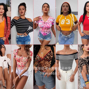 Amazon Cross-Border Export Shein European and American Personalized Street Spring and Summer T-Shirt Round Neck Navel-Baring Sexy Tops Supply