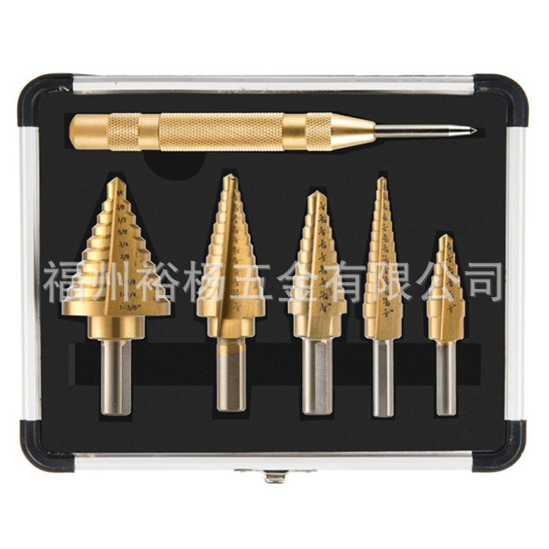 6件套高速钢英制宝塔钻三角柄镀钛开孔器 扩孔开孔 阶梯钻头套装