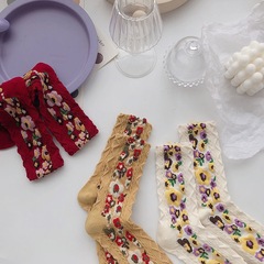 韓國復古花朵襪子日系甜美泫雅風浮雕小花螺紋文藝中筒襪長襪子女