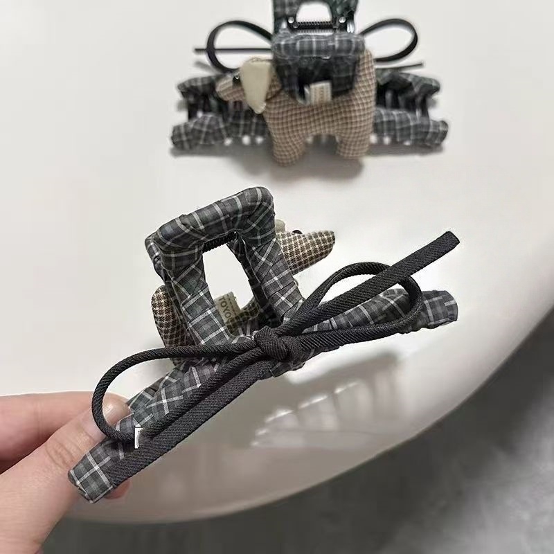 韩版小众ab面设计充棉小狗抓夹高级可爱格子布艺蝴蝶结鲨鱼夹批发|undefined