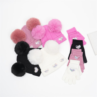 New Children's Wool Hat Autumn and Winter Baby Cute Double Fur Ball Love Knitted Cap Foreign Trade in stock