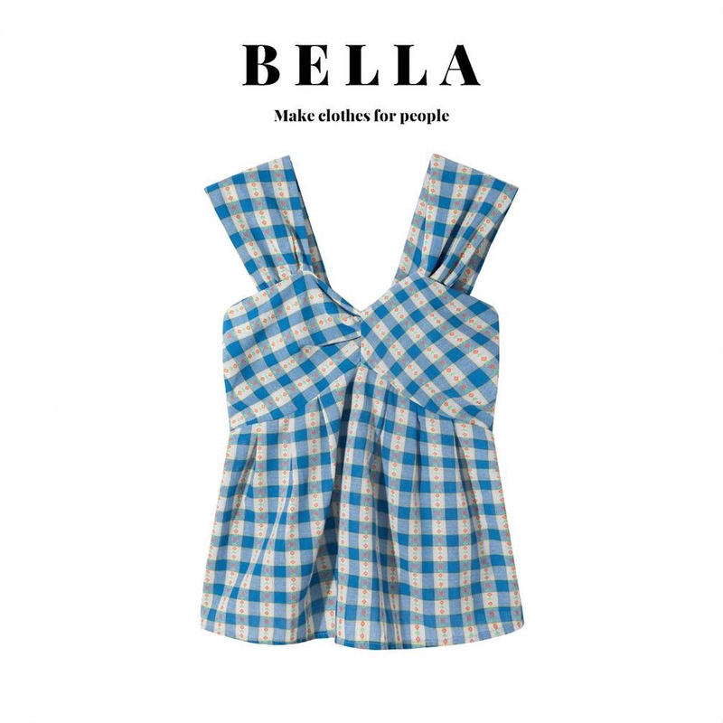 Blue Plaid Floral Camisole Women's Summer Sweet and Spicy Age-Reducing Outer Sleeveless Shirt Top Blue Plaid Floral Camisole Women's Summer Sweet and Spicy Age-Reducing Outer Sleeveless Shirt Top