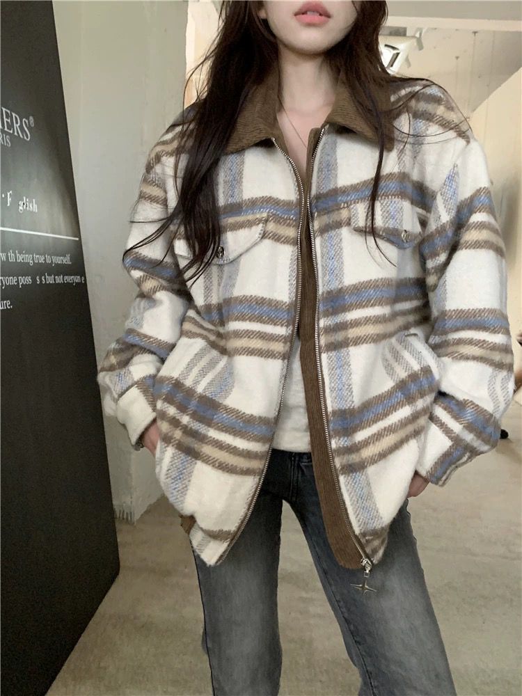 小香风复古格子西装毛呢外套女款春秋款夹克灯芯绒拼接宽松BF上衣