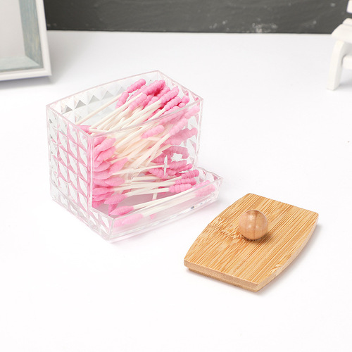 New Product Transparent Diamond Pattern Cotton Swabs with Bamboo Cap PS Portable Round and Long Combination Makeup Cotton Pads Storage Box