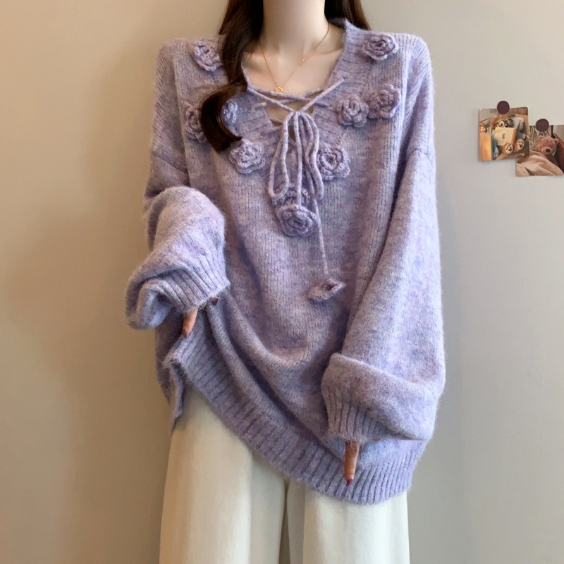 法式立体花朵抽绳V领软糯毛衣女秋冬季新款软糯慵懒宽松针织上衣|undefined