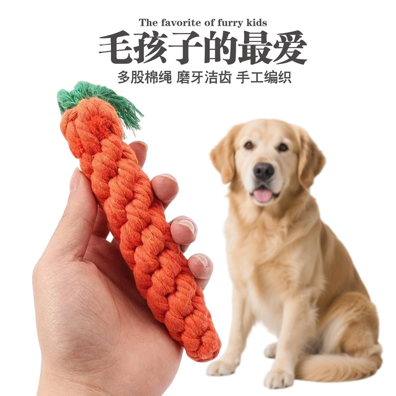 小型犬のペットの綿のひものおもちゃの犬は綿のひものニンジンの犬を編みます。|undefined
