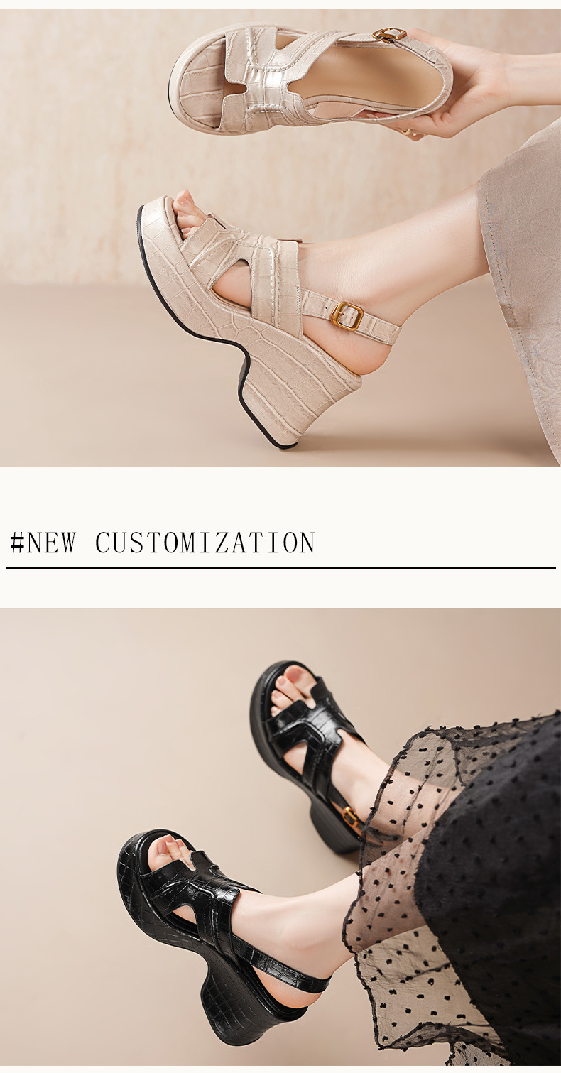 Sandal cao gót nữ đế xuồng platform gót 9 cm, mũi hở phong cách La Mã — màu đen, màu mơ chi tiết 3