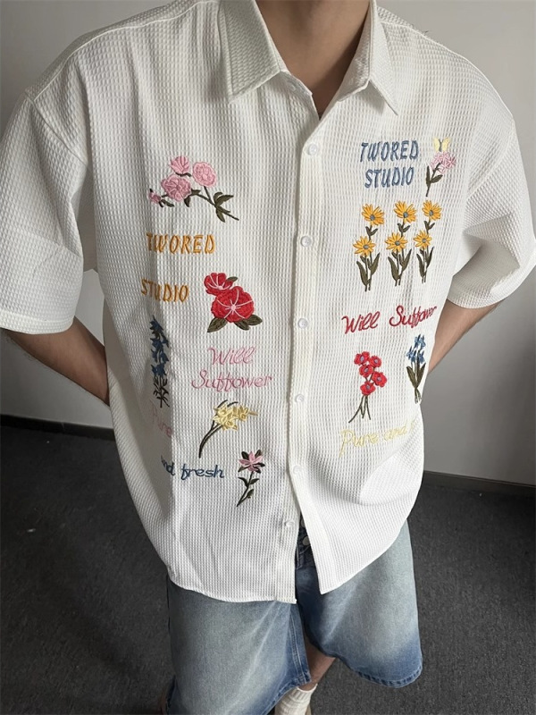 アメリカンレトロワッフル花柄シャツカラフルな刺繍半袖Tシャツルーズレイジースタイルカジュアル万能メンズTシャツ|undefined