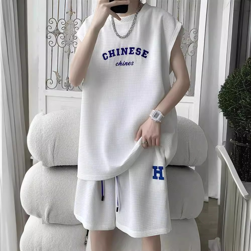 Casual Sports Suit Men's Summer Waffle Sleeveless Short Sleeve Shorts Teenager Basketball Clothing Jersey Vest Set
