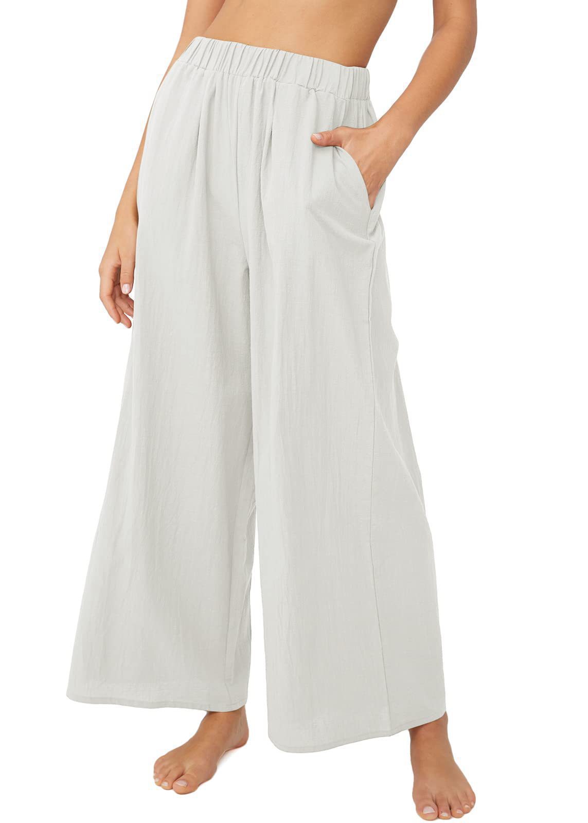 Effortless High-Waisted Wide-Leg Linen-Blend Trousers For Women, Comfortable Loose Fit Casual Palazzo Pants_ecoleips.com