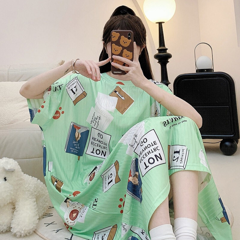 Foreign Trade Cross-Border Influencer Live-Stream Pajamas for Women, Summer Cartoon Short-Sleeve Loose Nightgown, Plus Size 150kg Loungewear Foreign Trade Cross-Border Influencer Live-Stream Pajamas for Women, Summer Cartoon Short-Sleeve Loose Nightgown, Plus Size 150kg Loungewear