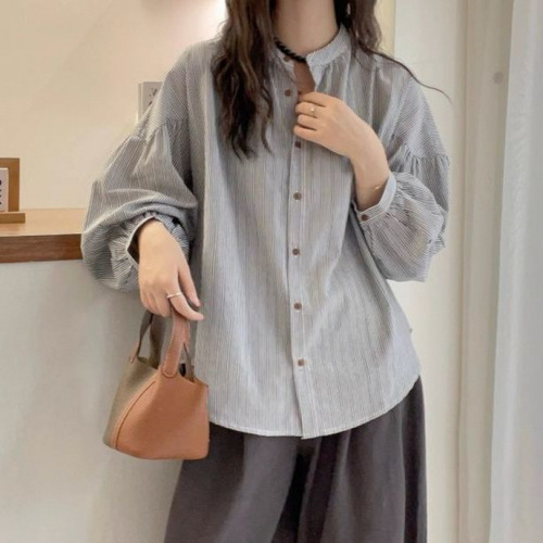 Autumn Striped Lantern Sleeve Loose Shirt Casual Jacket Loose Slimming Japanese Style Small Stand Collar Women's Top
