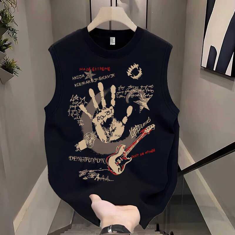 Cotton American High Street Fashion Brand Printed Sleeveless Shirt for Men, Summer Style Loose Vest Top