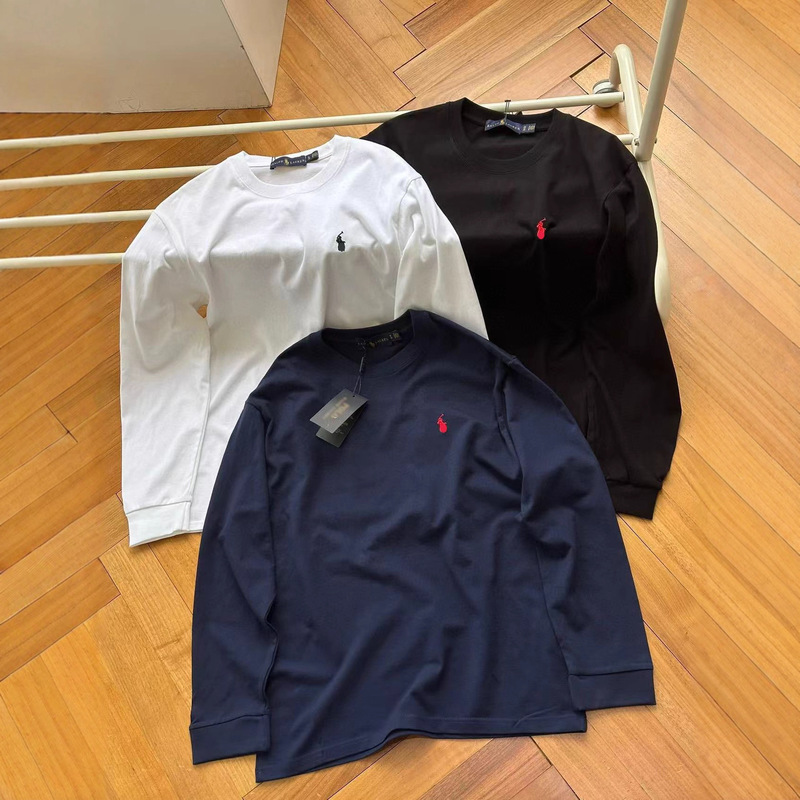 Ralph Lauren T-Shirt with Pony Logo, Pure Cotton, Round Neck, Long-Sleeved T-Shirt, Casual Couple Style, Base Layer Shirt, Pure Cotton T-Shirt