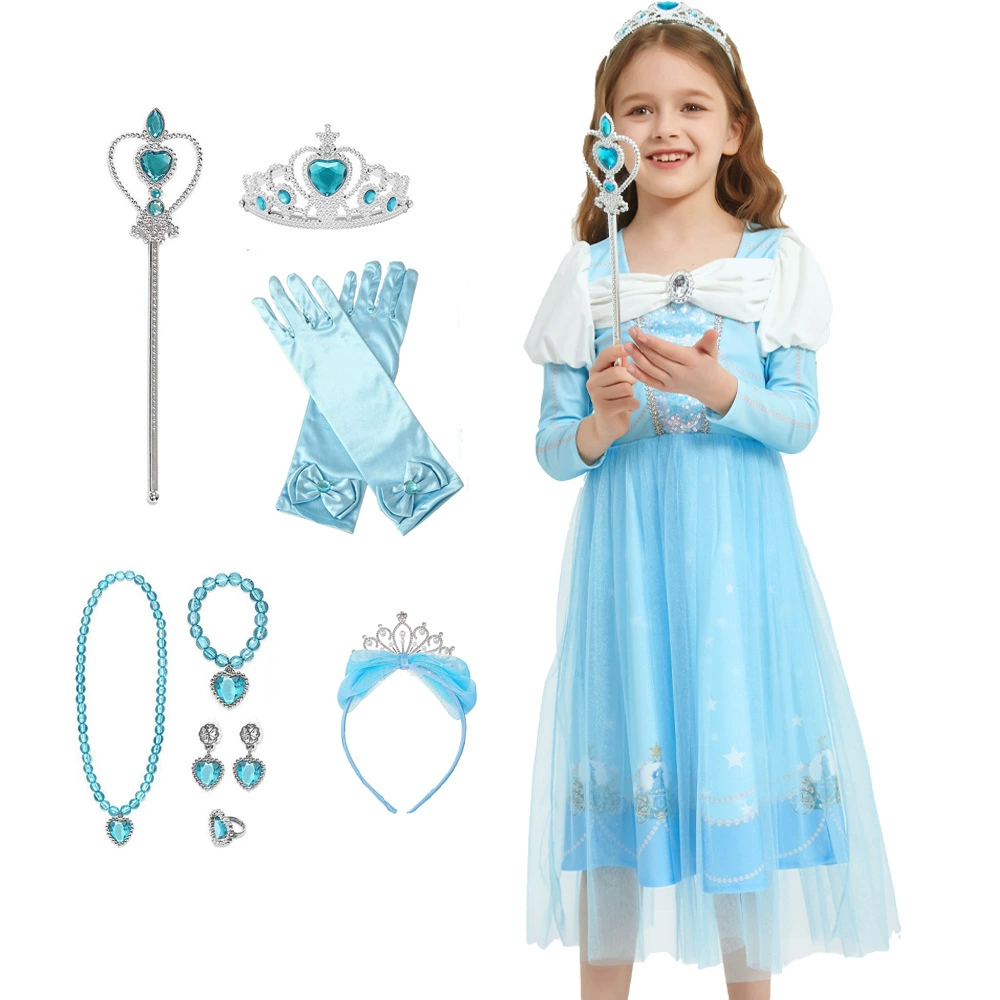 Новинка 2025 года, платье принцессы Золушки, трансграничное платье для девочек, одежда, платье с длинными рукавами и принтом, юбка-пачка для девочек