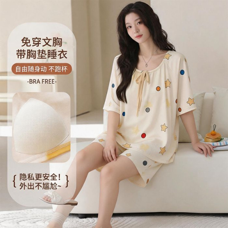 Summer Style Pajamas with Breast Pads for Women, Ice Silk Threaded Korean Style Cartoon Sweet Ladies Short-Sleeved Pajamas, Home Wear Set Summer Style Pajamas with Breast Pads for Women, Ice Silk Threaded Korean Style Cartoon Sweet Ladies Short-Sleeved Pajamas, Home Wear Set