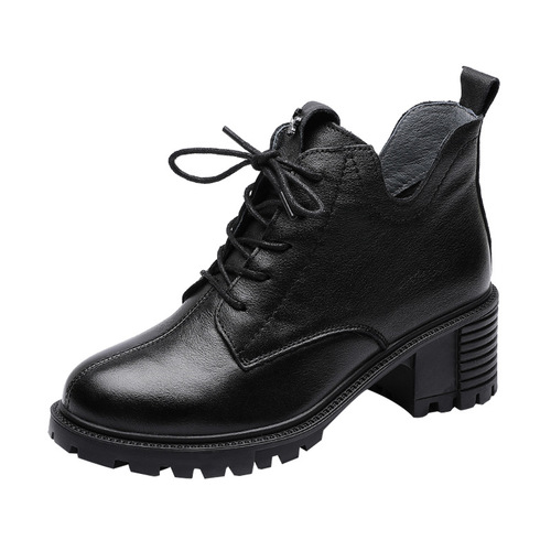 Autumn and winter new style genuine leather women's short boots retro-style chunky mid-heel soft-soled boots color-washed lace-up Martin boots