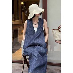 Retro Cotton and Linen Dress Popular 2025 Summer New Casual High-End Denim Blue Sleeveless Vest Mid-Length Skirt
