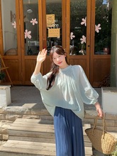 气质薄款褶皱防晒泡泡袖衬衫女夏季2025新款温柔风宽松中长款上衣