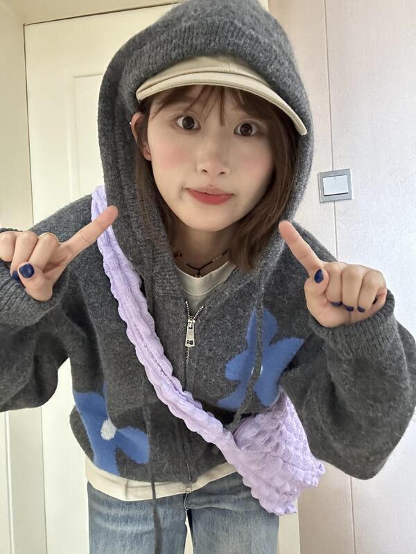 韩系连帽针织开衫毛衣女秋冬外搭宽松慵懒风拉链休闲卫衣外套上衣|undefined