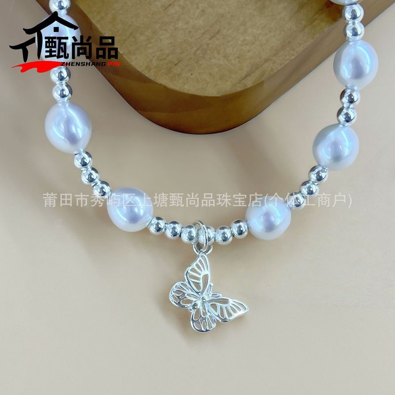 足银999蝴蝶珍珠手串银珠diy手链气质百搭冷淡风银手饰手工|undefined