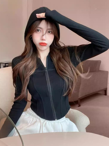 Pure Desire Lace-up Hooded Jacket for Women, Spring and Autumn Sexy Slim Fit Short Jacket for Women, Fishbone Pattern Short Top for Women, Trendy