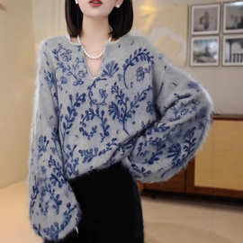 高级皇室拉绒蓝色青花瓷高级感套头山羊绒针织衫韩系宽松打底衫