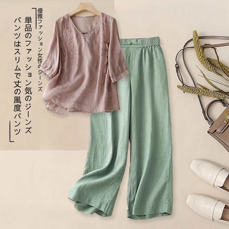 2025 新しい夏のリネンスーツの女性のハイエンド七分袖 V ネック刺繍シャツ綿とリネンのワイドレッグパンツ 2 点セット|undefined
