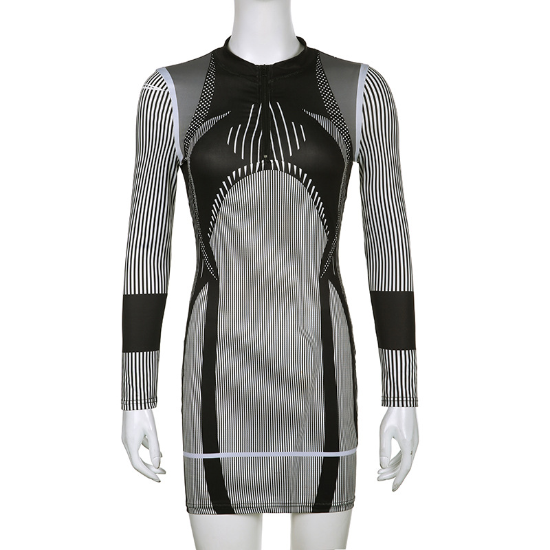 Fashion Stripe High Neck Long Sleeve Printing Zipper Spandex Polyester Above Knee Sheath Dress