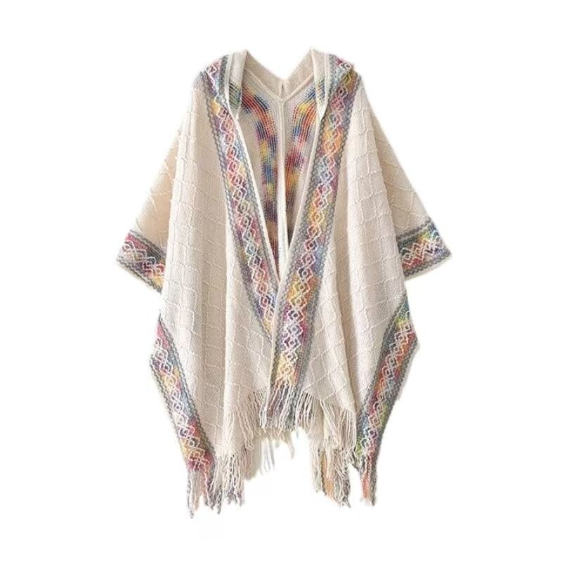 Autumn and Winter Ethnic Style Hooded Knitted Shawl for Women, Imitation Cashmere Tassel Cape Coat, Travel and Photo Shoot Outfit