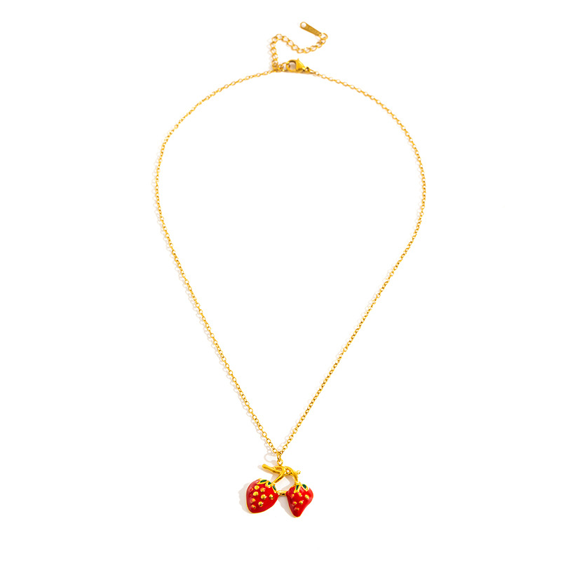 8g Weight 0.03µm Gold Plating Thickness Electroplated Gold Plating Process Golden Plated Plating Material 201 Stainless Steel Pendant Material Pendant Necklace Classification 201 Stainless Steel Chain Material cable chain Chain Type 1 Piece Quantity Holiday, Daily Occasion 201 Stainless Steel Material Strawberry Pattern Women's Gender Cute Style Plating Craft Elegant Red Double Strawberry Necklace For Women Titanium Steel Luxury Design Clavicle Chain Fashionable Jewelry Accessory 12