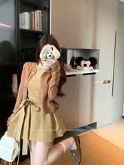 2025新款小香风套装纯色气质长袖开衫女秋季绑带背心连衣裙两件套