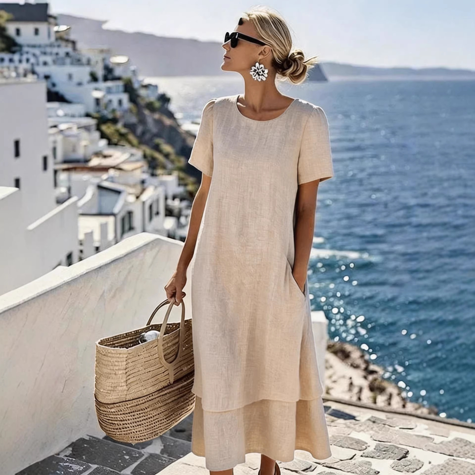 Women's Two-Layer Round Neck Short Sleeve Casual Dress For Spring Summer Vacation Daily Wear Versatile Round Neck & Short Sleeves_ecoleips.com