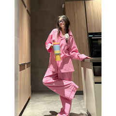 粉色慵懒风撞色条纹睡衣女秋季新款大码长袖长裤家居服套装可外穿