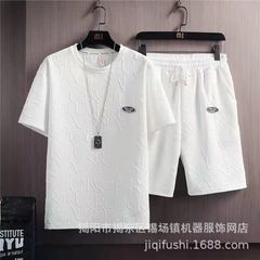夏のスーツの男性のファッションの百合の純色のカジュアルな半袖のtシャツのワッフルの上着の韓国版のファッションのブランドのinsの5分のズボン