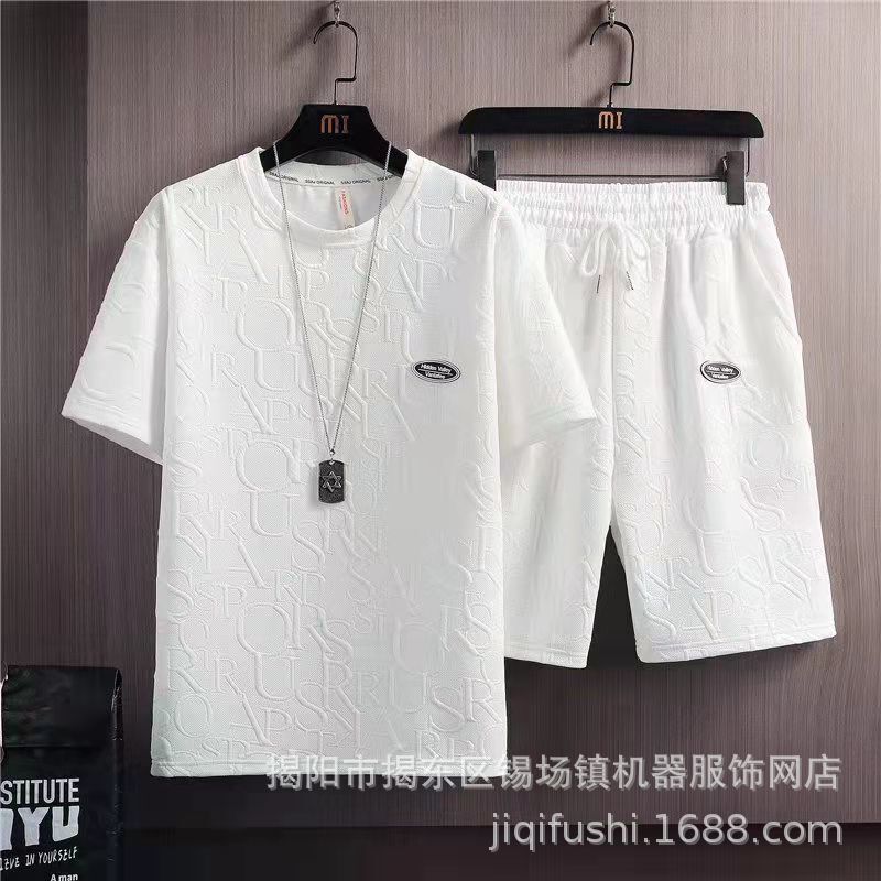 Summer Suit Men's Fashionable All-match Solid Color Casual Short-sleeved T-shirt Waffle Top Korean Style Trendy Brand ins Five-length Pants