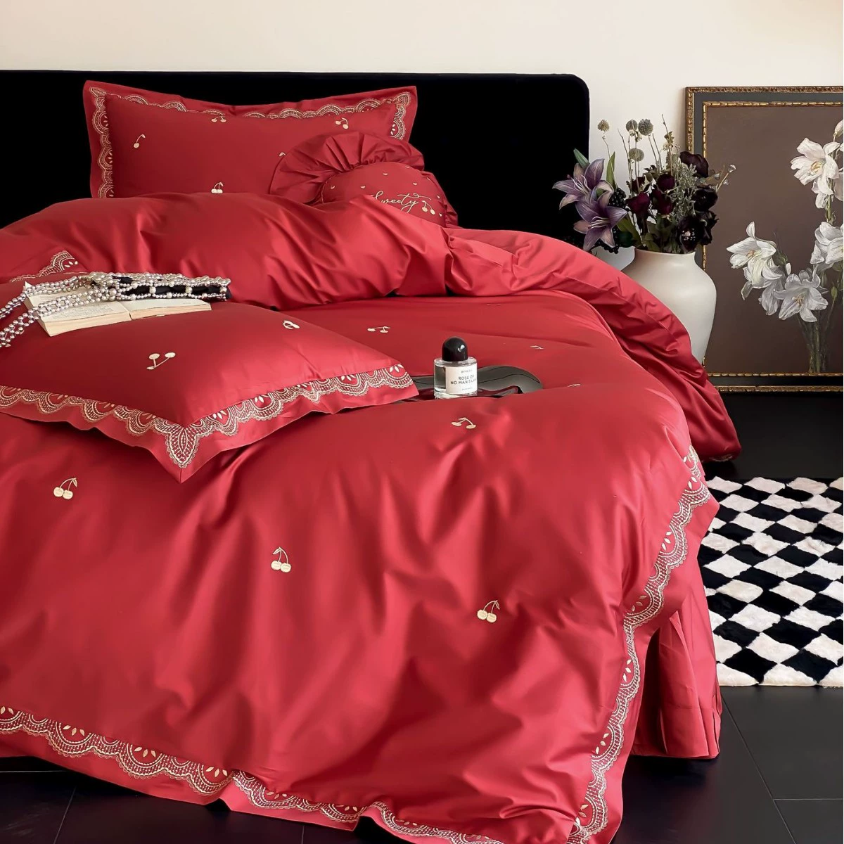 Three dimensional red festive set, 4 piece set, with embroidery, bedding