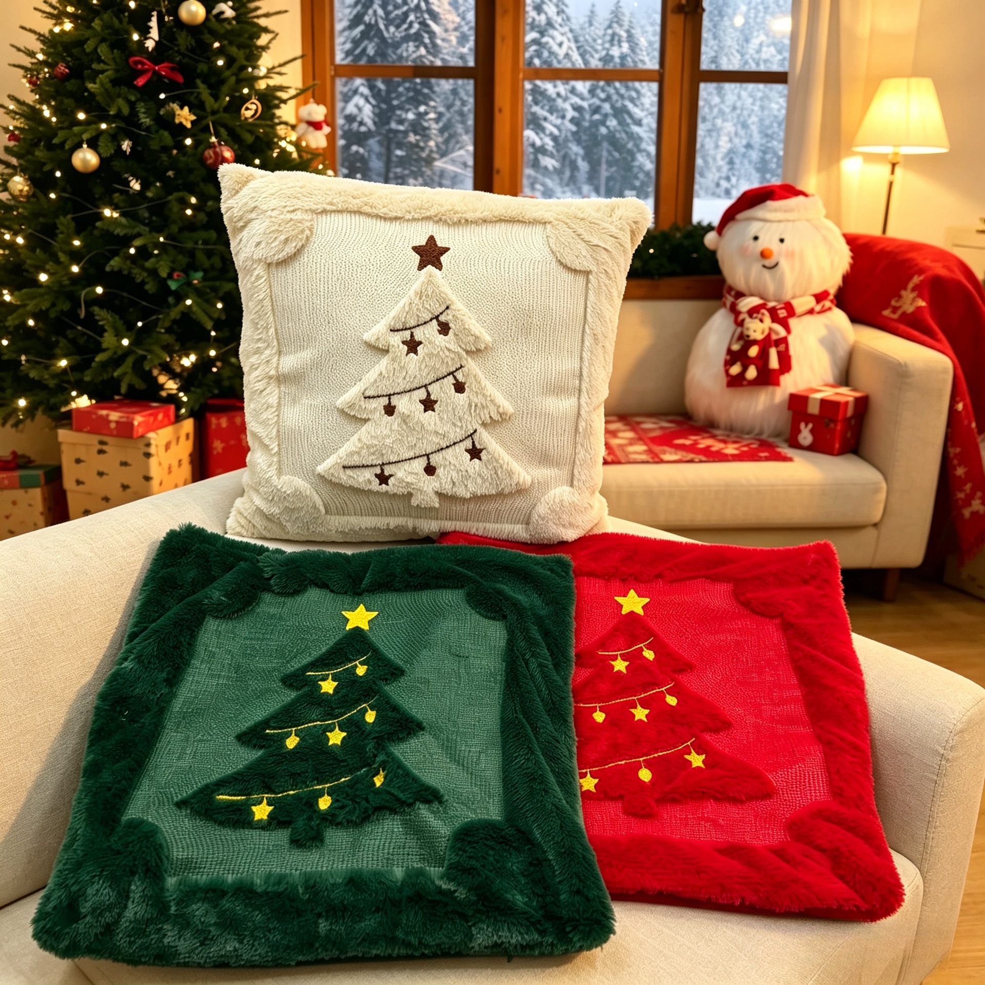 Amazon Weihnachts-Kissenbezug gesteppt kreativ Feiertagsatmosphäre Plüsch-Dekokissen Wohnzimmer Sofa Schlafzimmer Rückenkissen
