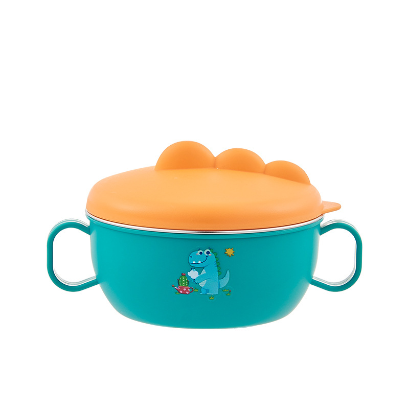 Nuevo tazón de arroz de dinosaurio pequeño tazón de comida para bebés tazón 316 tazón de acero inoxidable para niños tazón de aislamiento con vajilla de cuchara