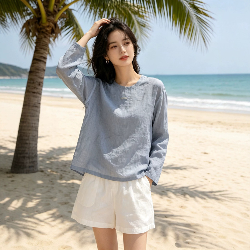 New Simple Solid Color Ribbed Round Neck Lightweight Casual Versatile Loose Ramie Long-Sleeve Top New Simple Solid Color Ribbed Round Neck Lightweight Casual Versatile Loose Ramie Long-Sleeve Top
