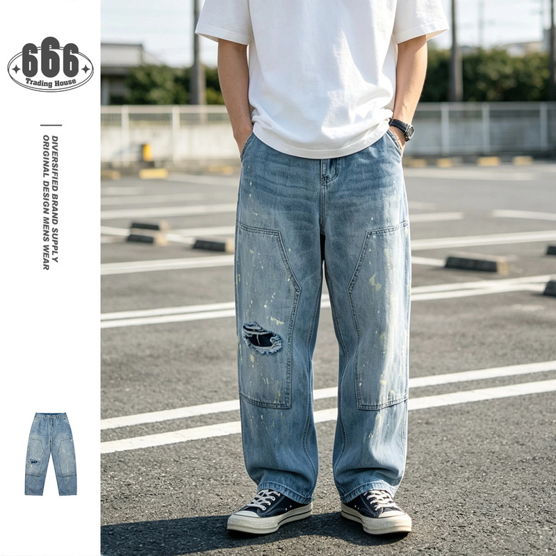 Reknat Japanese Retro Washed Ripped Jeans Summer Trendy Men's Denim Pants Lumberjack Pants Pl2265