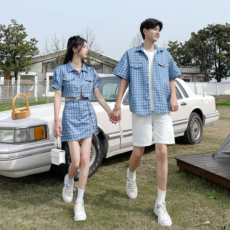 특별한 커플 원피스 새로운 틈새 디자인 모든 경기 작은 유행 브랜드 HOUNDSTOOTH 원피스 셔츠 세트