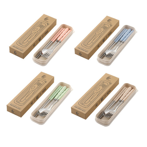Wheat Straw Tableware Set of Three, Foldable and Portable Cutlery Set, Knife, Fork, Spoon, Chopsticks Gift Set with Logo Printing Available