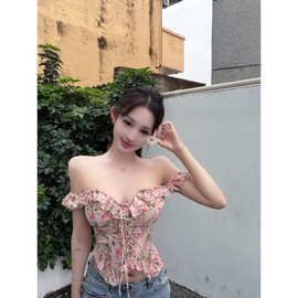 昕可达「春野花涧」泡泡袖露肩两穿纯欲鱼骨裸背小衫女夏季短上衣
