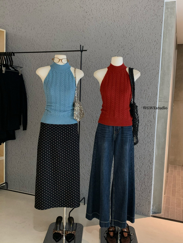 WGWE韩系立体绞花肌理挂脖针织2025新款简约修身显瘦背心女W7003|undefined