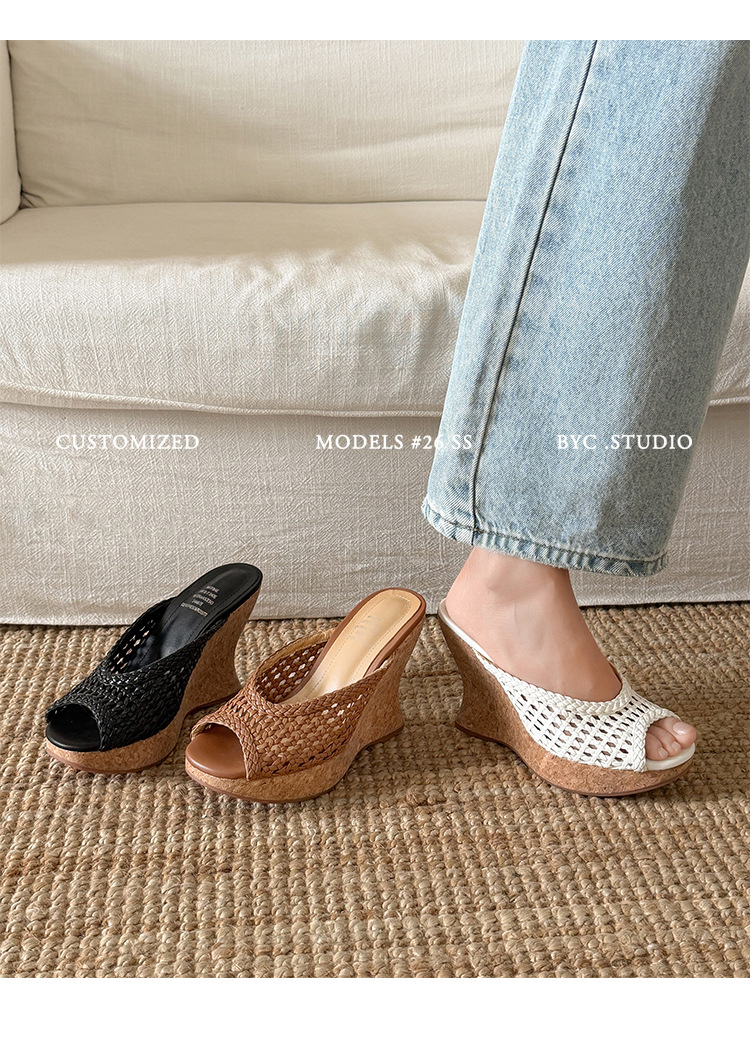 Sandal cao gót nữ đế xuồng mũi hở quai ngang bện đan — màu nâu, màu đen, màu trắng ngà chi tiết 20
